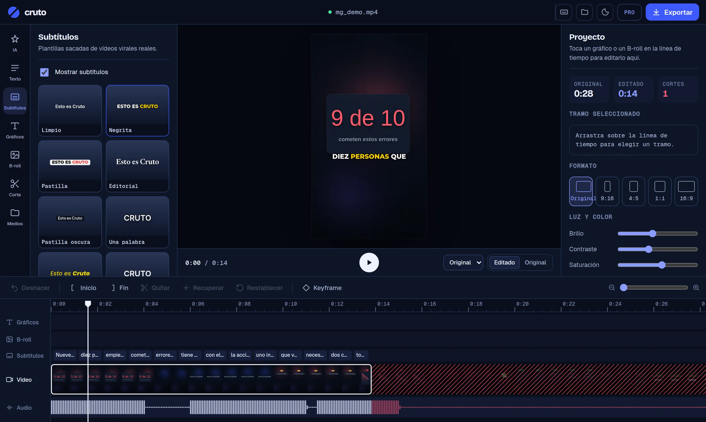 El editor de Cruto: línea de tiempo con los silencios quitados, subtítulos de viral y el vídeo en 9:16
