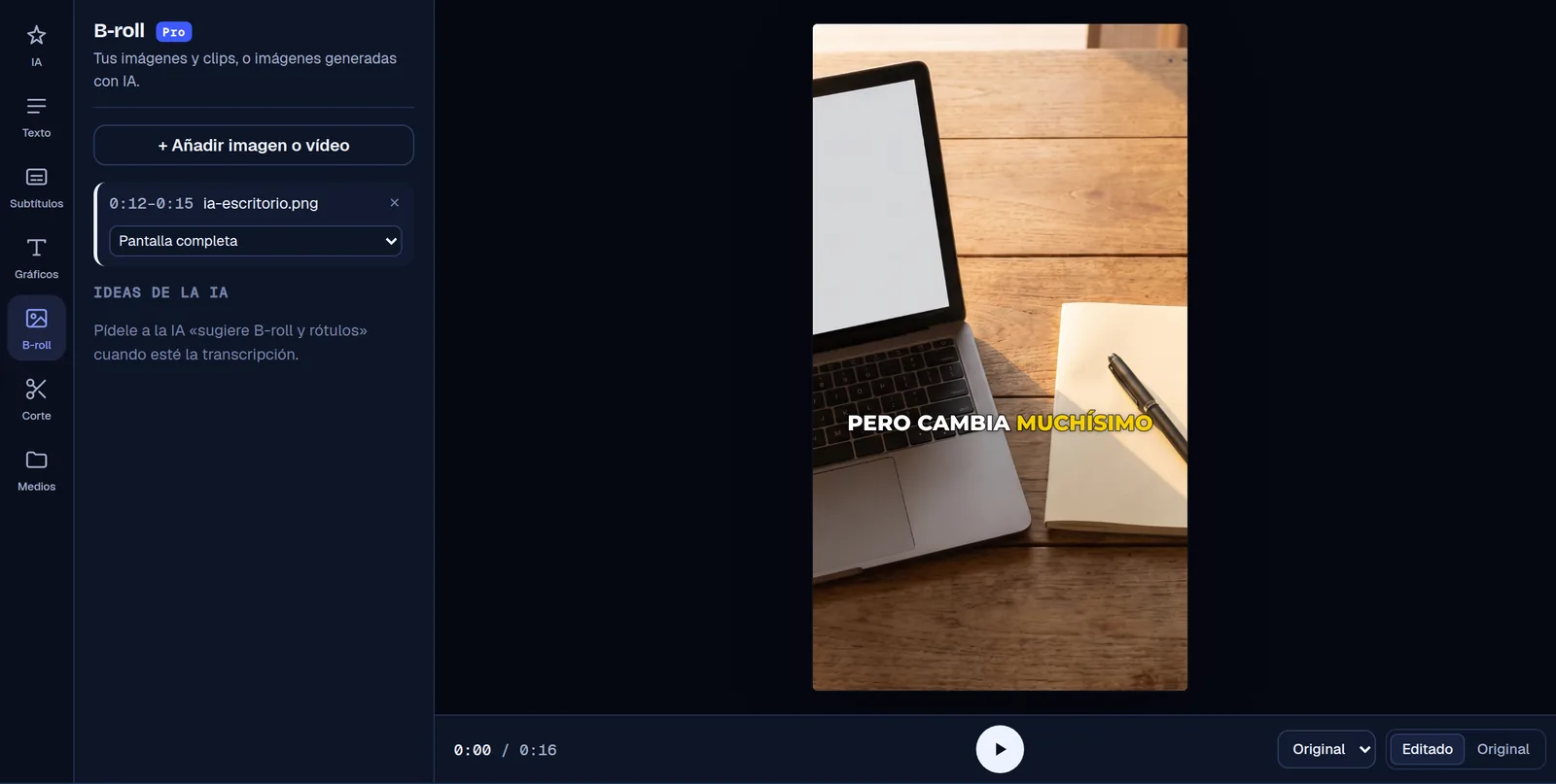 B-roll en el editor de Cruto: una imagen a pantalla completa sobre el vídeo, con su capa morada en la línea de tiempo
