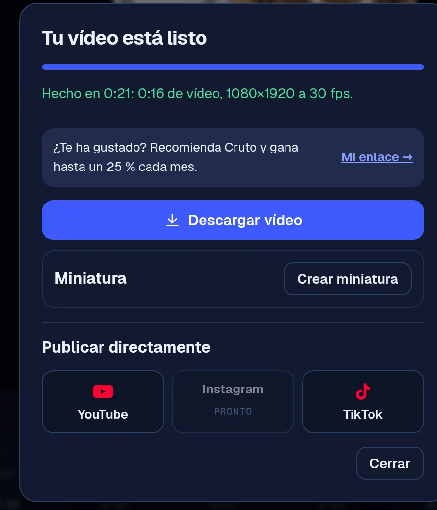 Ventana de Cruto al terminar de exportar: descargar el vídeo, crear miniatura y publicar en YouTube o TikTok