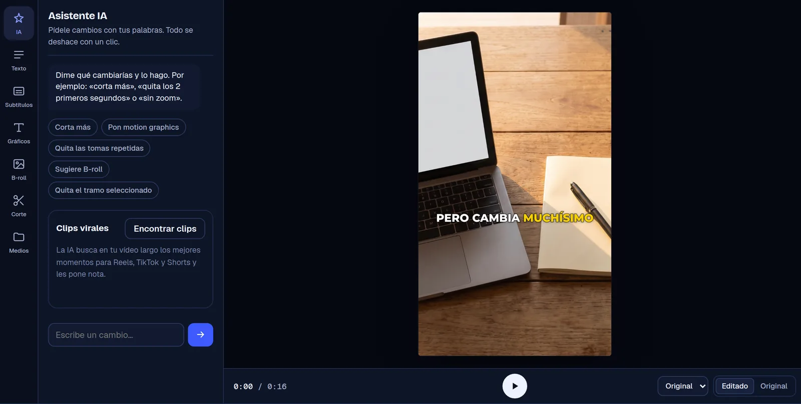 Asistente IA del editor de Cruto: peticiones rápidas como «Corta más» o «Quita las tomas repetidas» y el buscador de clips virales